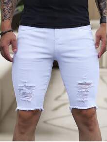 Men's Slim Fit Ripped Denim Shorts, Destroyed Style, Premium Fashion Line, Original Factory Outlet. Colors: Dark Black, Medium Black, Light Black, White, Beige, Yellow, Red - 白色 - 查看 1