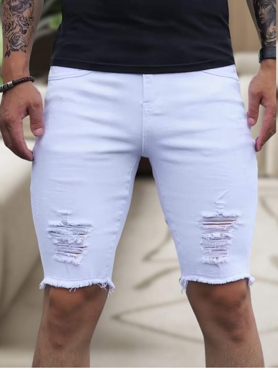Men's Slim Fit Ripped Denim Shorts, Destroyed Style, Premium Fashion Line, Original Factory Outlet. Colors: Dark Black, Medium Black, Light Black, White, Beige, Yellow, Red - 白色 - 查看 1
