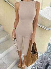 Bộ jumpsuit nữ VIVINA mùa hè màu trơn, kiểu dáng thể thao thường ngày, không tay, cổ tròn, ôm dáng, thanh lịch. - Màu Tím - Xem 5