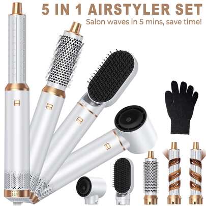 UKLISS Juego de 5 en 1 de cepillos de peinado profesionales (Cepillo de aire caliente + Cepillo alisador + Rizador automático) | 3 ajustes de temperatura + 5 cabezales intercambiables desmontables | Rizado automático y cabello liso/ondulado de calidad de salón | Agrega volumen y efecto sin frizz | Regalo adecuado para ella (Día de San Valentín, Epifanía, Carnaval, Día de San Patricio, Día de los Presidentes) | Adecuado para peinado en casa/retoques de maquillaje en el trayecto/belleza de viaje/citas/maquillaje para fiestas