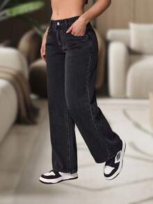 Women's High-Waisted Wide-Leg Plain Denim Jeans - 11.11 - Black - - 黑色 - 查看 3