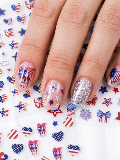 3pcs American Element Love Skull Nail Stickers, Red & Blue Cartoon Combo, 3D Embossed Nail Art Decals, Suitable For Themed Parties/Personalized Manicure, Size 8cm*10cm, Rich Patterns & Easy To Apply