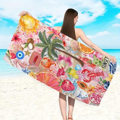 1 chiếc khăn tắm biển sợi siêu mịn mềm mại và thoải mái, in hình cây dừa và cây cọ, siêu thấm hút, nhanh khô, vật dụng thiết yếu cho mùa hè ở bãi biển, hồ bơi, cắm trại, lướt sóng và bơi lội.