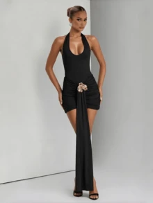 Fashion Sexy Elegant Short Spaghetti Strap Bodycon Dress Summer Ruched Dress Brown Evening Cocktail Party Dress For Women Clothes - Black - View 2