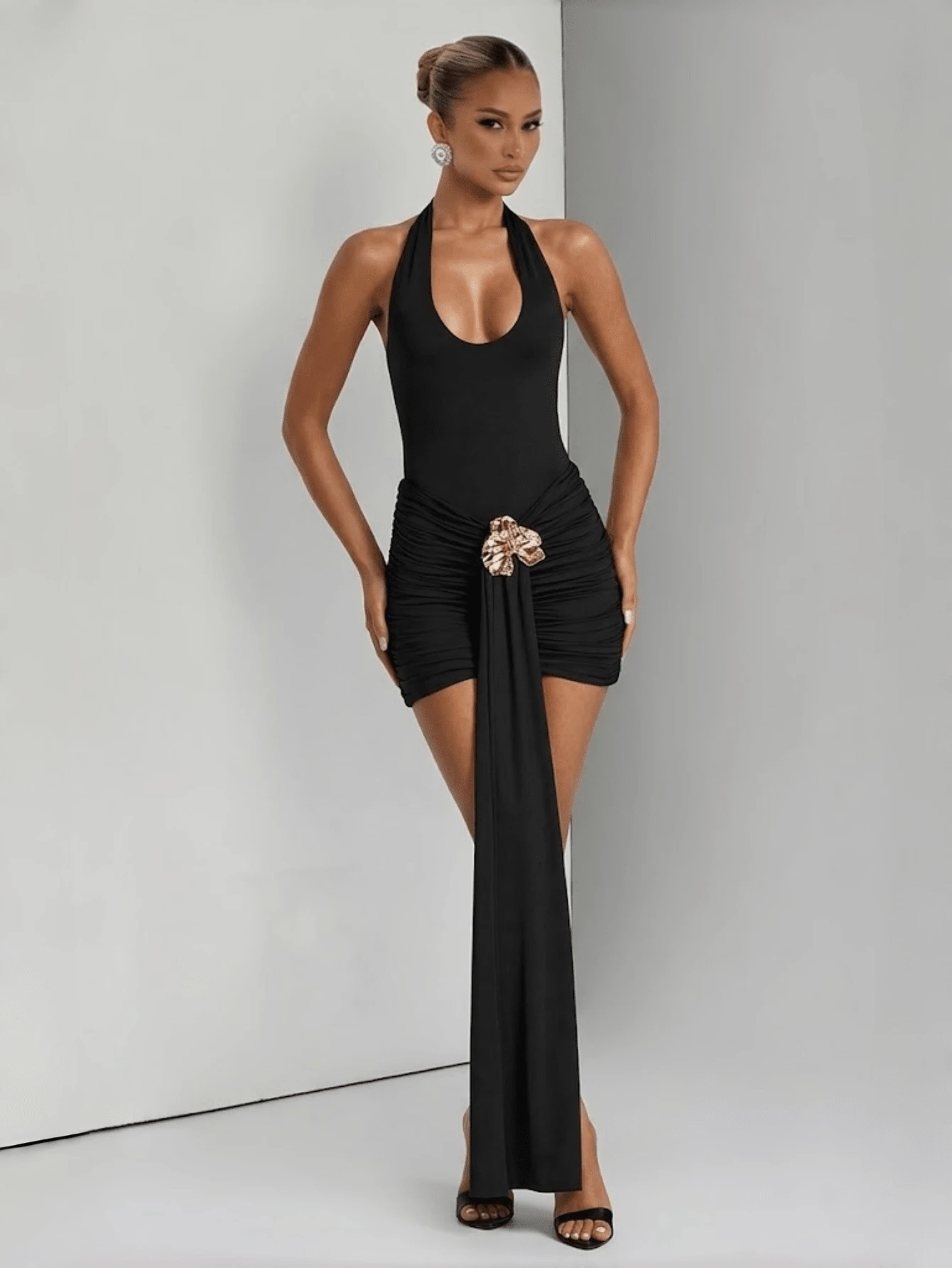 Fashion Sexy Elegant Short Spaghetti Strap Bodycon Dress Summer Ruched Dress Brown Evening Cocktail Party Dress For Women Clothes