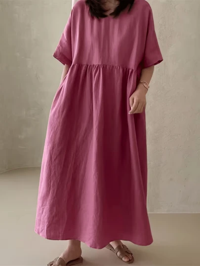 Vestido largo rosa para mujer, de manga corta, cuello redondo, unicolor, casual, lindo, elegante, de tela tejida con bolsillos y botón en la espalda, adecuado para el hogar, la playa, el uso diario, festivales, primavera/verano/otoño/invierno, Navidad, Día del Maestro, vuelta al colegio, graduación, citas, salidas, ceremonias, cumpleaños