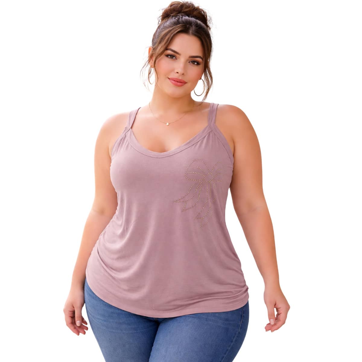 ITA Knitwear Women's Plus Size Tank Top Fits Sizes 40 To 64 (M To G10) Blouse With Rhinestones And Bow Lightweight And Comfortable Viscolycra Knit - 裸體 - 查看 1