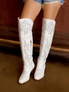 Summer Boots Riding Knee Thick Heels Embroidery Women's Country Concert Combat Cowgirl  White Boots Women Outfits & Western Chic Festival Shoes - 白色 - 查看 3