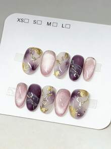 10pcs Pure Handmade Press On Nails Mid-Length Oval Nail Purple Golden And Beige Cat Eye Nails Cute Fancy Pain Y2k Gentle Stroble Flash Temperament For Women And Gril,Spring Summer Fall Winter,Holiday And Dailys Life Use - Purple - View 2