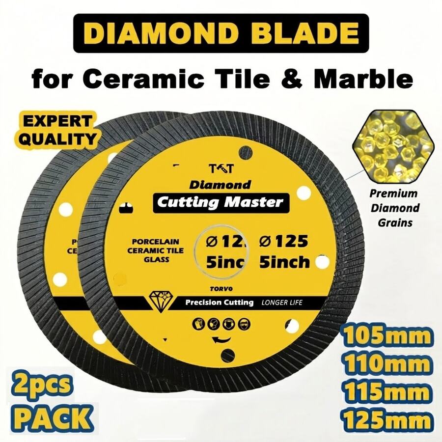 2片装，规格分别为105毫米/4英寸、110毫米/4.3英寸、115毫米/4.5英寸、125毫米/5英寸的金刚石锯片，适用于瓷砖、陶瓷砖和玻璃切割，超薄网状涡轮切割片，切割精准，经久耐用。 - 鑽石鋸片 - 查看 1