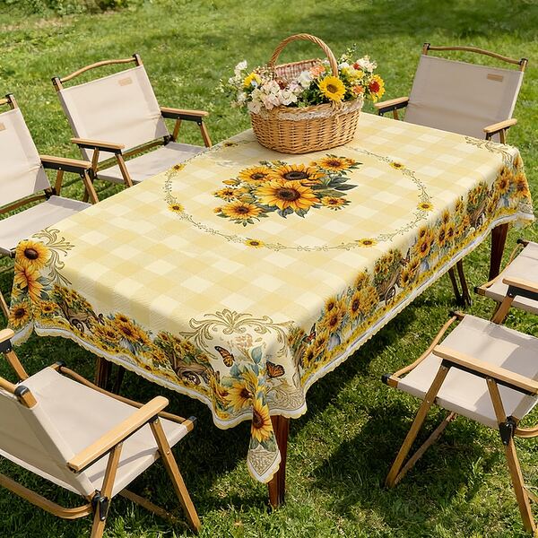 1 pieza Elegante mantel con estampado de girasol amarillo de primavera/verano, con diseño de encaje, tejido rectangular, material de poliéster, adecuado para decoración de fiestas interiores/exteriores, Día de San Valentín, Día de la Madre, boda, cumpleaños, jardín, decoración de primavera/verano