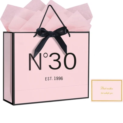 1set/2sets/5sets,Elegant N ° 30 1996,Stylish Pink And Black Gift Bag Set With Black Ribbon Bow Ribbon, Thin Paper And Greeting Cards, Party Items For Weddings, Festivals, Anniversaries, Gifts For All Occasions
