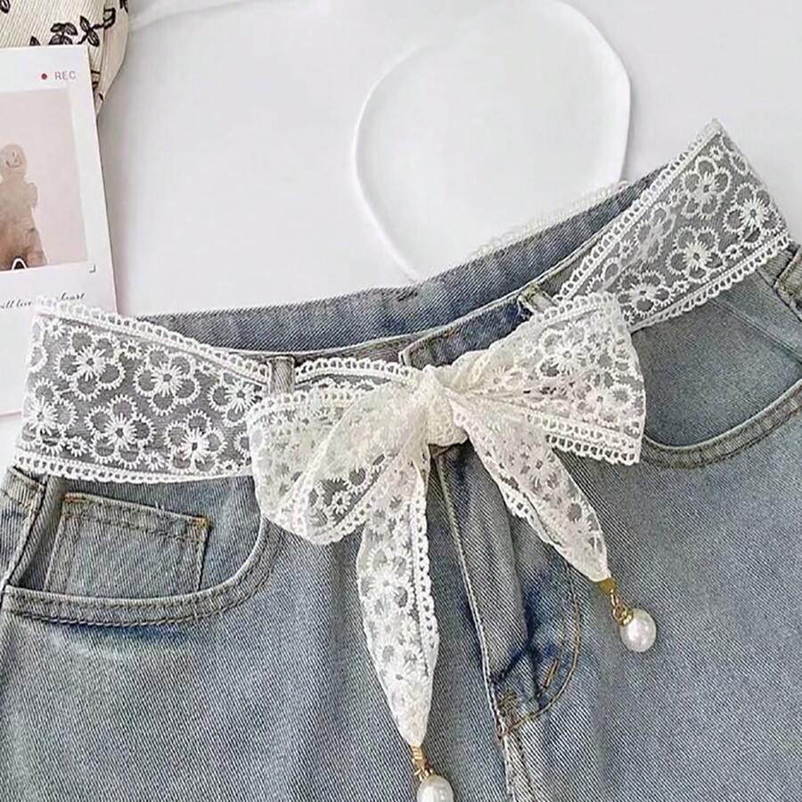 1条蕾丝刺绣腰带，时尚珍珠装饰可调节腰带，女士优雅发圈及包包配饰，适合日常使用 - 白色 - 查看 1