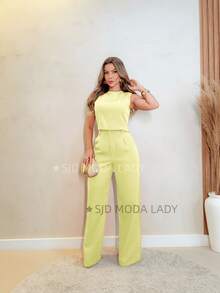 SJD MODA LADY Solid Tailored Set, Casual, Sleeveless Top And Palazzo Pants - 黃色 - 查看 5