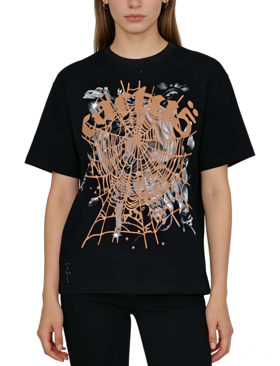 Sp5der Spider Graphic Tees Streetwear Tshirts Vintage Unisex, Summer Clothes Tops For Men/Women, With An Artistic Graffiti-Style Splatter Design - 黑色 - 查看 1