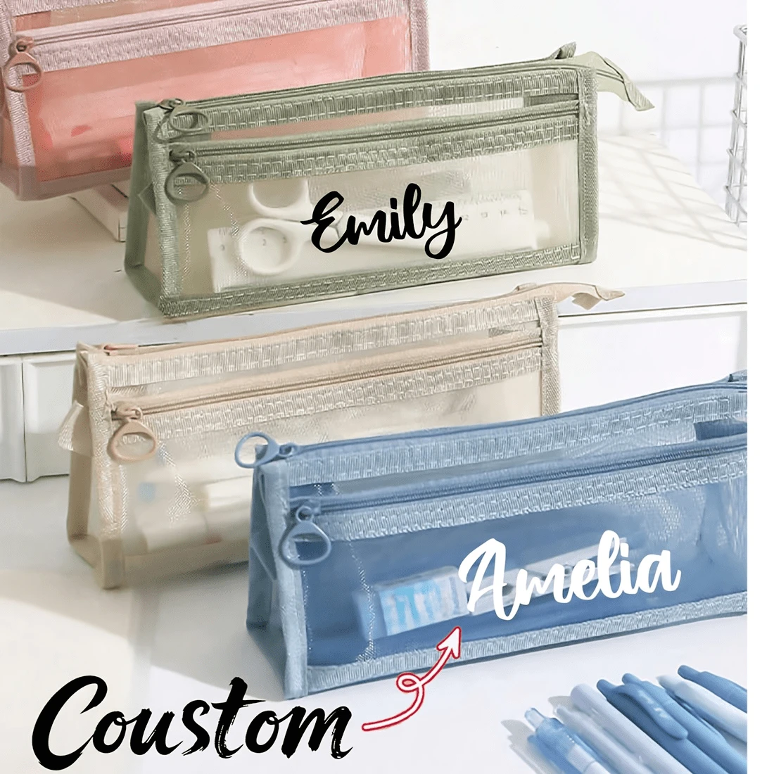 Hộp bút trong suốt có thể tùy chỉnh tên, cần thiết cho học sinh/thi cử, hộp bút thiết kế dạng lưới, đồ dùng học tập tối giản, lựa chọn hoàn hảo cho năm học mới, đồ dùng học tập - Hộp bút chì thiết kế dạng lưới - Xem 1