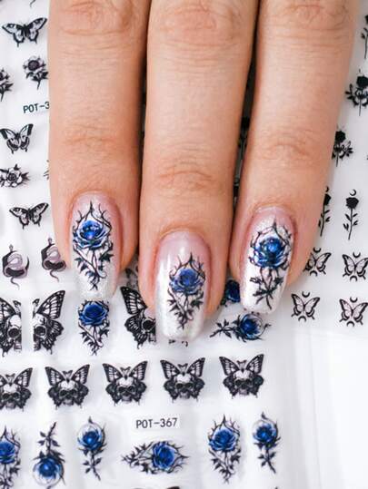 3pcs Gothic Blue & Black Skull, Butterfly, Snake Cartoon Nail Stickers, Self-Adhesive 3D Embossed Nail Art Decals, Suitable For Daily Commute/Dark Style Manicure, Size 8cm*10cm, Vivid Pattern, Easy To Apply And Durable