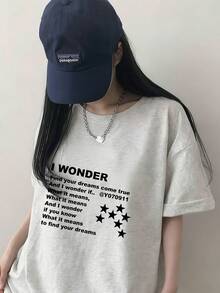 Women's Loose Fit Round Neck Street Fashion Letter & Star Print Short Sleeve T-Shirt, Summer - Light Gray - View 5