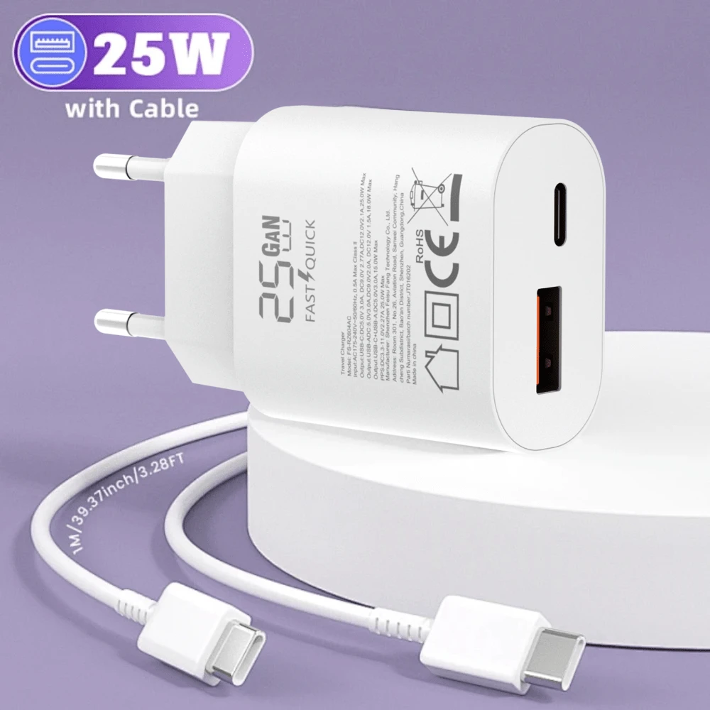Fast Charging EU Plug Type C E F 220-240V Wall Charger 25W USB C Super Fast Charger, Type C +USB A Port Charger Fast Charger Block PD/ GaN/ PPS Charger Compatible With Samsung Galaxy S24 S23 S22 Ultra Plus S20 Note10 Tab S8 Ultra With 100cm/3.3ft Long Data Cable Spring Gift - EU C Type Plug(220-240V) - View 1