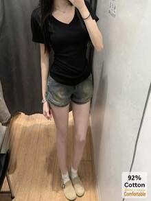 Áo thun cổ chữ V tay ngắn, áo lót nữ màu trơn dáng ôm đa năng, màu đen, thích hợp mặc mùa hè. - màu đen - Xem 3