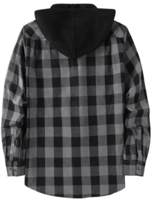 Men's Contrast Hood Plaid Shirt Jacket, Long Sleeve Button Up Shacket For Street Style & Layering - 深灰色 - 查看 2