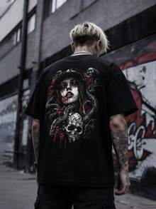 Men's Summer Casual Short Sleeve T-Shirt, Vintage Dark Skull Style, Round Neck, Polyester Fabric, Suitable For Sports And Fitness - Black - View 3