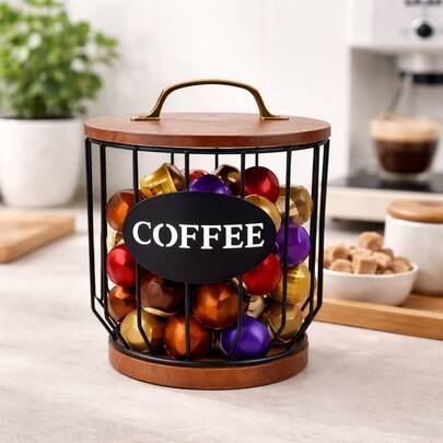 Porta Cápsulas de Café com Tampa – Ferro e Madeira 16,5x19cm para Cantinho do Café
