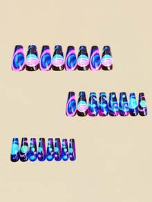 24pcs Medium-Long Square False Nails, Shiny Blue Planet Design, Full Coverage Removable Manicure, Suitable For Women's Party, Ball, And Daily Wear - Blue - View 2