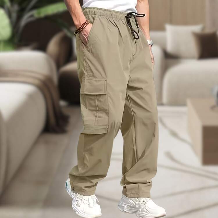 Men's Cargo Pants, Women's, 6 Pockets, Skate Style, Wide Leg, Drawstring Closure - 米色 - 查看 6