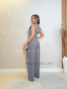SJD MODA LADY Solid Tailored Set, Casual, Sleeveless Top And Palazzo Pants - 灰色 - 查看 6