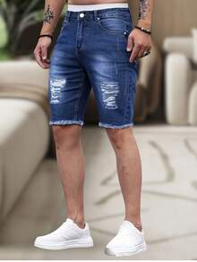 Men's Slim Fit Ripped Denim Shorts, Destroyed Style, Premium Fashion Line, Original Factory Outlet. Colors: Dark Black, Medium Black, Light Black, White, Beige, Yellow, Red - 深色水洗藍 - 查看 2