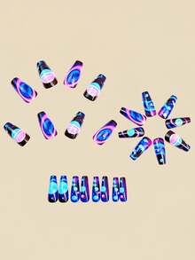 24pcs Medium-Long Square False Nails, Shiny Blue Planet Design, Full Coverage Removable Manicure, Suitable For Women's Party, Ball, And Daily Wear - Blue - View 4