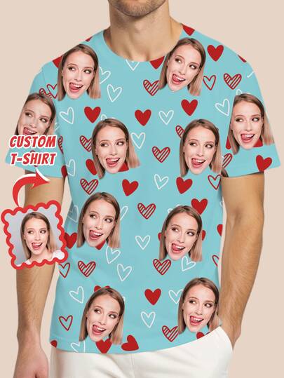 Customized Funny Heart Face Design Men's T-Shirt, Various Color Pattern Men's Short Sleeve T-Shirt - Interesting Face Design, Personalized Couple Clothing, Create A Unique Gift, Gift For Family And Friends