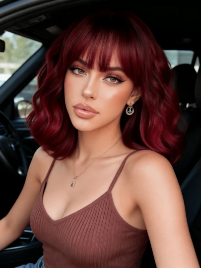 14 Inch Short Wavy Wine Red Wig With Bangs, Heat Resistant Synthetic Hair For Daily Wear And Party Cosplay