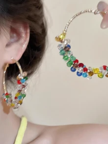 1 par de pendientes de aro con perlas envueltas en bloques de color para el verano (cuentas de color aleatorio) - Multicolor - Ver 1