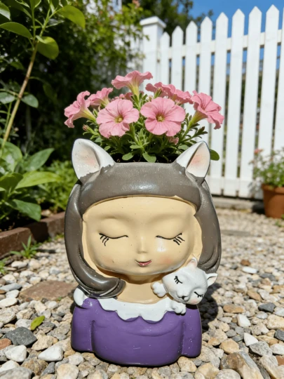 1个可爱猫耳女孩花盆 - 有趣的肉质植物和鲜花家居装饰