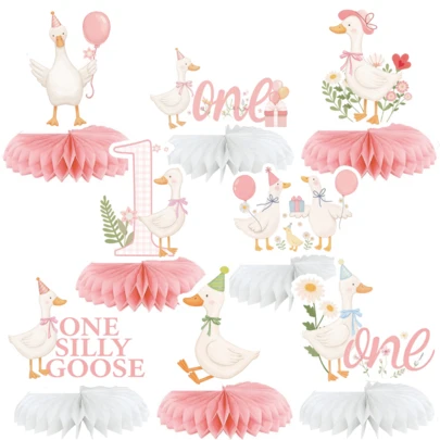 8 Pcs One Silly Goose Birthday Decorations Silly Goose Birthday Honeycomb Centerpieces Pink 1st Party Supplies For Women Pink Bow Duck Funny Party Supplies