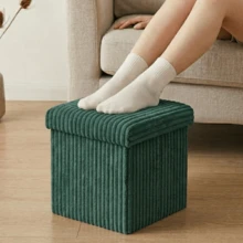 Taburete Organizador de Pana de 38x38x38 cm Tela Suave para Sala de Estar Decoración de Interiores Moderna Plegable Organizador Textura Relieve Multiusos. - Verde - Ver 2