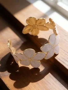 1pc Romantic Colorful Enamel Flower Stainless Steel Bangle Bracelet, Suitable For Women's Wedding Or Travel Wear, Also As A Valentine's Day Gift For Loved Ones - Yellow Gold - View 12