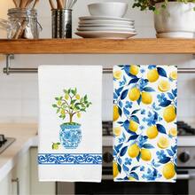 2pcs Summer Watercolor Blue & White Porcelain Vase, Lemon Tree Lemon Pattern Kitchen Towels, Soft Polyester Material Dish Cloths, Suitable For Kitchen Decor, Cleaning, Holiday Party Decoration, Kitchen & Bathroom Essentials, Home Decor, Housewarming Gift - Multicolor - View 2
