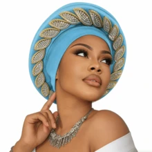 Multilayer African Turbans For Women Beret Hat Rhinestone Decor Elegant Headwrap Ladies Funny Headwear - Baby Blue - View 4