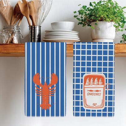 2 chiếc khăn lau bếp kẻ sọc xanh dương họa tiết tôm hùm và cá mòi đóng hộp, kích thước 40*60cm, chất liệu microfiber mềm mại, thích hợp sử dụng trong gia đình, nhà bếp, nhà hàng, cắm trại ngoài trời, lau bàn, rửa chén, làm quà tặng ngày lễ.
