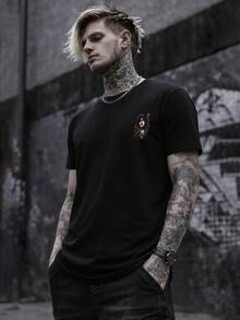 Men's Summer Casual Short Sleeve T-Shirt, Vintage Dark Skull Style, Round Neck, Polyester Fabric, Suitable For Sports And Fitness - Black - View 6