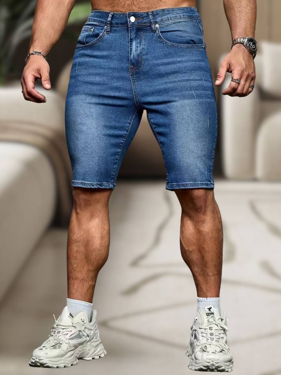 Men's Slim Fit Destroyed Denim Shorts, Summer Fashion, Premium Line, Original Factory Outlet, Colors: Dark Black, Medium Black, Light Black - 中等水洗藍 - 查看 1
