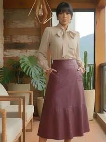 Leather Midi Skirt With Pockets – Elegant And Sophisticated - 酒紅色 - 查看 2