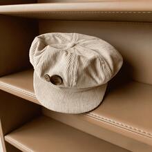 Women's Vintage Soft Corduroy Newsboy Cap Baggy Baker Boy Hat With Wooden Buckle Accent Casual Newsboy Cap Easy To Match Perfect Gift For Women! - 雙紐扣八角帽-米色 - 查看 4