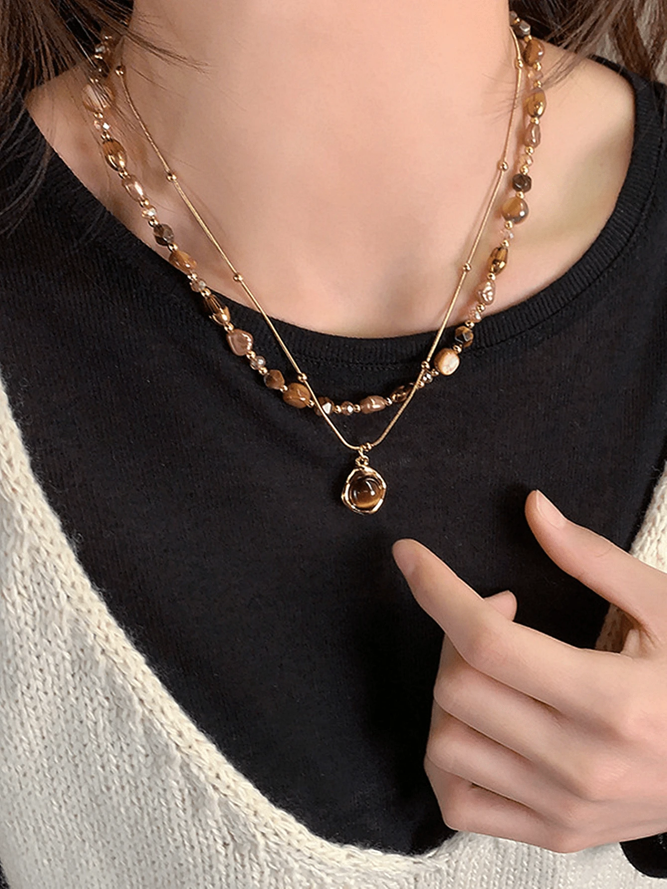 Bộ 2 chiếc vòng cổ hạt đá mắt hổ sang trọng, mặt dây chuyền hình học, phong cách Bohemian, phù hợp cho sử dụng hàng ngày, đi nghỉ mát, dự tiệc, làm quà tặng. - Nhiều màu - Xem 1