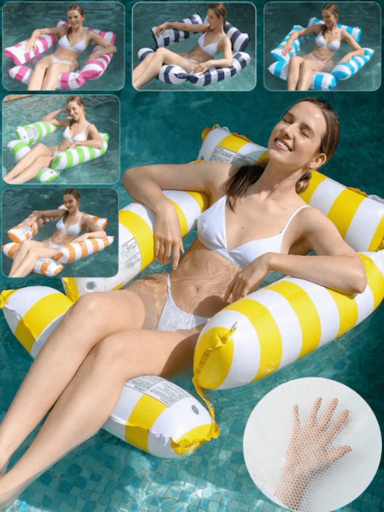 3pcs/Set Mesh Inflatable Pool Hammock, Striped Adult Lounge Chair, Summer Water Fun Floating Bed - Multicolor - View 1