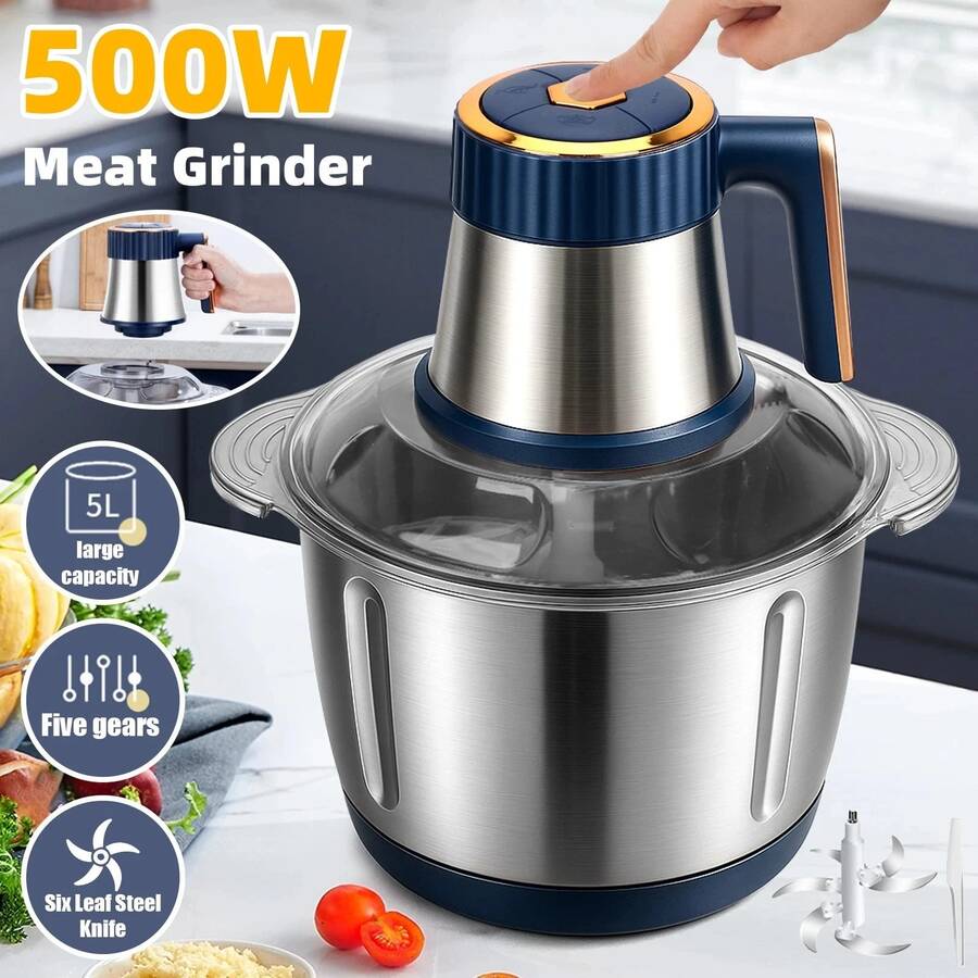 20 Cups Large Capacity 500W Electric Food Processor, 5 Speed Powerful Motor Meat Grinder Vegetable Chopper Mincer, 6 Bi-Level Blades & 304 Stainless Steel Bowl For Onion Garlic Nuts Meat Vegetable Cutting Grinding