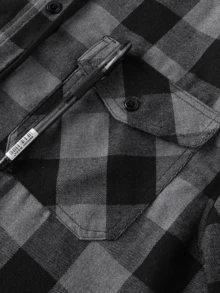 Men's Contrast Hood Plaid Shirt Jacket, Long Sleeve Button Up Shacket For Street Style & Layering - 深灰色 - 查看 4